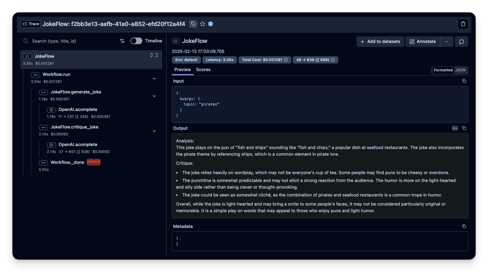 Llama Agents Example trace in Langfuse